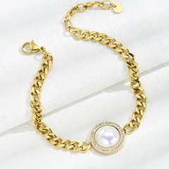 Bracelet en acier au titane plaqué or 14 carats avec perle de coquillage et zircon