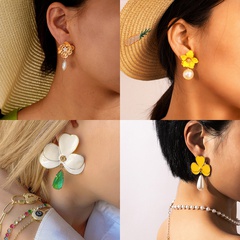 simple yellow oil drop flower pearl alloy earrings