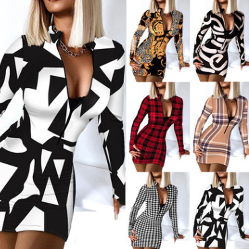 Vêtements Femme Robes | Mode Printemps Et Automne Manches Col En V Fermeture Clair Hanche Robe Serre Femmes - XZ61084