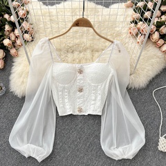 2022 new retro square neck lace stitching short chic puff sleeve shirt top