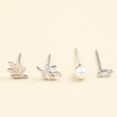Fashion Geometric Leaves Pearl Zircon 925 Silver Stud Earrings