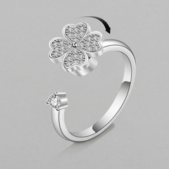 fashion rotating four-leaf clover copper zircon adjustable opening ring