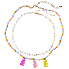 Korean cute bear pendant color beads heart clavicle chain necklace