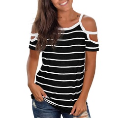 2022 summer striped loose plus size all-match sexy off-the-shoulder T-shirt top women's clothing