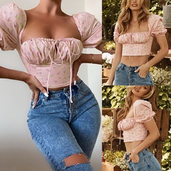 neue Damenbekleidung des Sommers mit floralen Puffärmeln schnüren gefaltetes T-Shirt-Oberteil