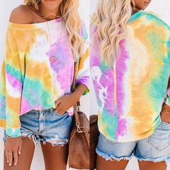 spring and summer new long-sleeved loose tie-dye gradient print T-shirt top