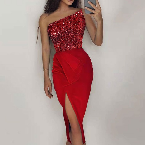 2022 spring new split sexy sleeveless sequin tube top hip wrape dress's discount tags