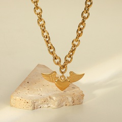 retro stainless steel 14K gold thick O-chain angel wings heart pendant necklace