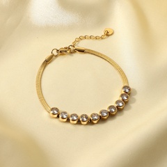 fashion retro 14K gold-plated stainless steel inlaid round zircon flat snake chain bracelet