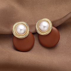 retro leather pearl geometric round fashion court alloy earrings female