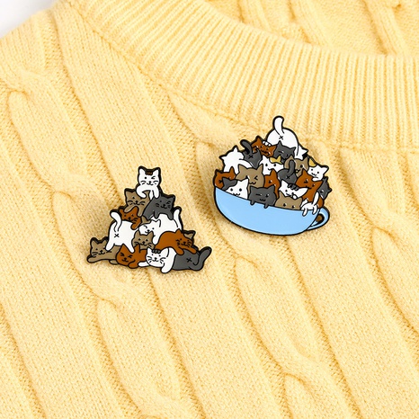 cartoon cute contrast color little cat teacup alloy brooch's discount tags