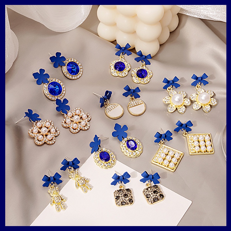 Klein blue bow pearl cartoon diamond bear crystal zirconium alloy earrings