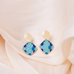 New Square Plaid Diamond Color Matching Klein Blue Gradient Tassel Stud Alloy Earrings