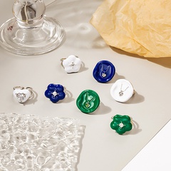 French irregular seal heart fire lacquer seal ring enamel green flower zircon open ring