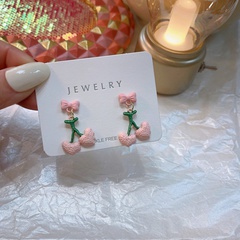 Cute Cartoon Bow Stud Pink heart shaped Cherry Alloy Earrings