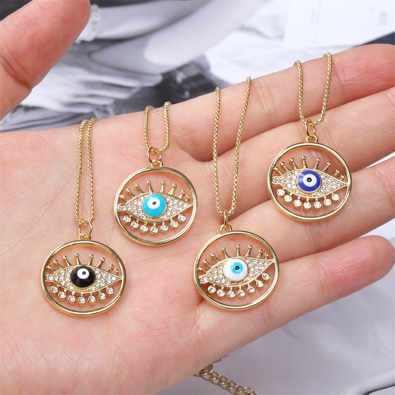 Copper inlaid micro zircon devils eye drop oil pendant goldplated necklace