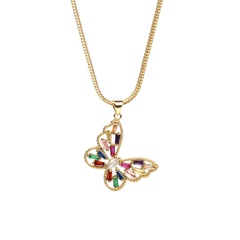 fashion copper inlaid colorful diamond butterfly pendant golden necklace wholesale
