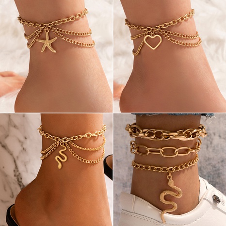 fashion heart-shaped chain tassel snake-shaped pendant three-layer anklet's discount tags