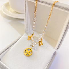 einfache glückliche vierblättrige Kleeblatt-Anhänger-Titan-Stahl-Halskette mit 18 Karat vergoldeter Perlenkette