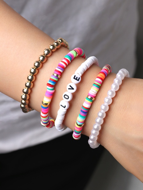 2022 new ethnic style alphabet colorful soft pottery pearl bracelet 5-piece set's discount tags