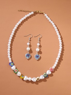 Simple Candy Color Daisy Flower Heart Pearl Necklace Earrings Set