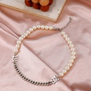 fashion retro asymmetric pearl stitching necklace simple alloy collarbone chainpicture6