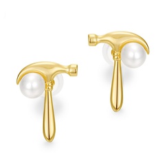 fashion toolbox hammer inlaid natural freshwater pearl S925 silver plated 9K gold earrings