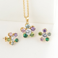 Classic Colorful Zircon Stainless Steel Stud Earrings Necklace Set