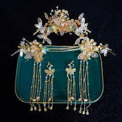 retro bridal Chinese style headwear set golden butterfly tassel hair accessories