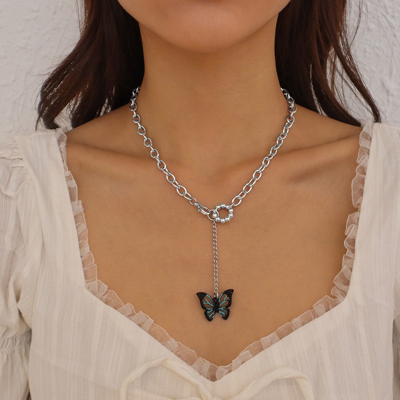 fashion geometric dripping oil butterfly pendent hollow chain necklace
