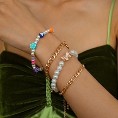 bohemian flower pearl soft ceramic rhinestone chain bracelet set