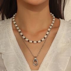 fashion double-layer necklace female imitation pearl beaded alloy buckle necklace