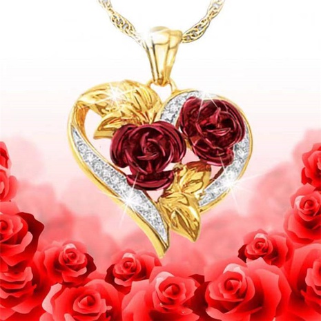 New Heart-shaped Red Rose Alloy Necklace Fashion Jewelry Diamond Pendant's discount tags
