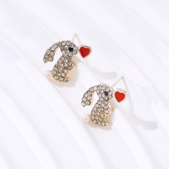 Creative Cute Rabbit Rhinestone Red Heart-shaped Metal Stud Earrings