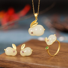 ethnic style animal shape jade rabbit pendant S925 sliver necklace barcelet ring stud earrings