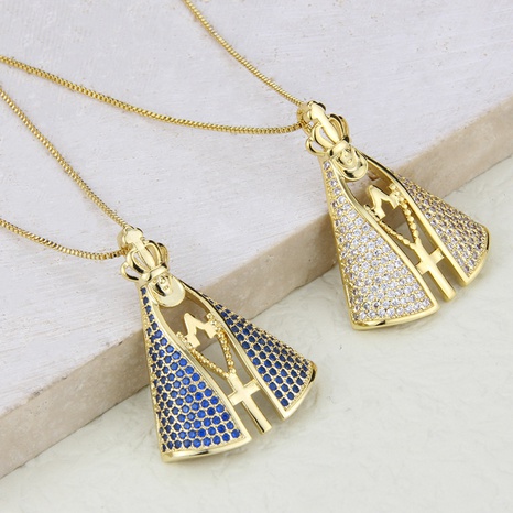 Mode Croix Couronne forme Vierge Maria pendentif incrusté de zircon collier de cuivre en gros's discount tags