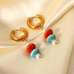 18K Gold Plated Stainless Steel Colorful Ceramic Bead Hoop Earrings