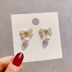 Korean fashion bow inlaid pearl copper drop earrings female