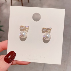 simple copper zircon bow pearl drop earrings wholesale