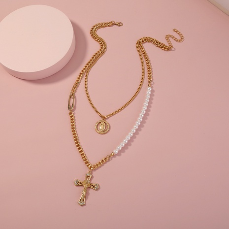 collier en alliage multicouche de perles de croix rétro de mode's discount tags