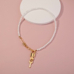 simple retro pearl necklace lock key alloy necklace