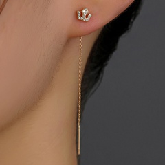 Simple new style micro-set zircon crown shape pendant pierced tassel copper earrings