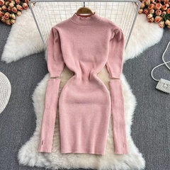 simple solid color waist long puff sleeve hip dress