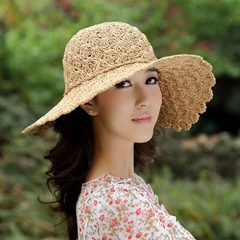 fashion beige flowers pure handmade straw woven sunshade big brimmed hat