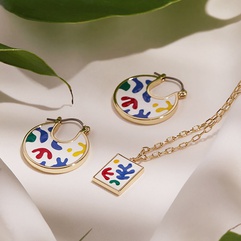Simple enamel color retro abstract square necklace round card stainless steel earrings set
