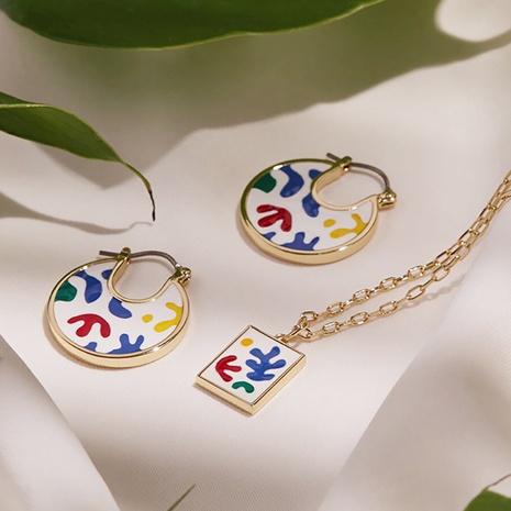 Simple enamel color retro abstract square necklace round card stainless steel earrings set's discount tags