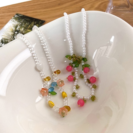 Colorful beaded flower cherry cute pearl sweet collarbone necklace's discount tags