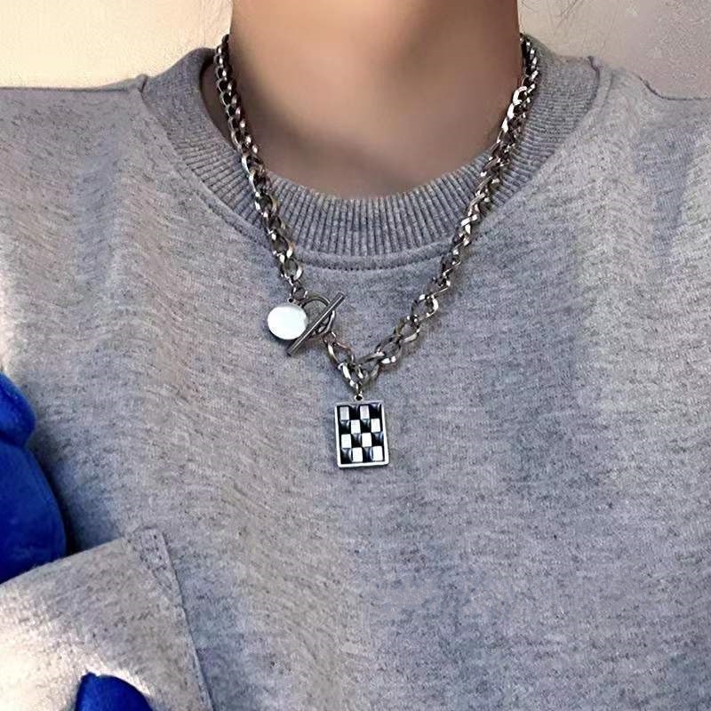 Square black and white checkerboard pendant alloy necklace fashion
