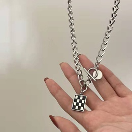 Square black and white checkerboard pendant alloy necklace fashionpicture9