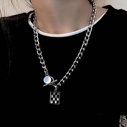 Square black and white checkerboard pendant alloy necklace fashionpicture11